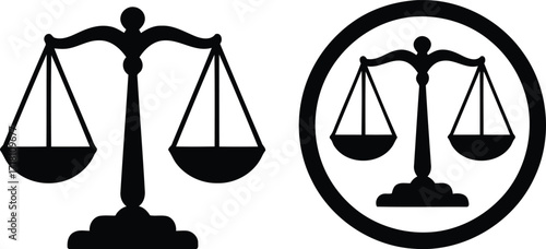 Justice Scales Depicted in Powerful Black and White Courtroom Symbolism Two Variations Embodying Legal Balance and Jurisprudence Within Circular Frames