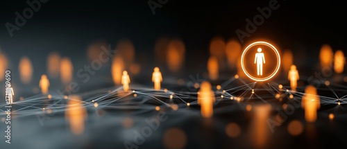 Glowing network graph with connected nodes and human icons symbolizes recruitment and social connections. illuminated figures stand out against dark background, creating futuristic feel