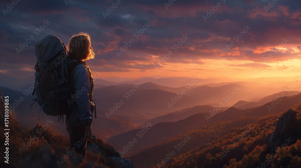 Fototapeta premium Hiker at Sunset Over Mountain Range, Backpacking Adventure.