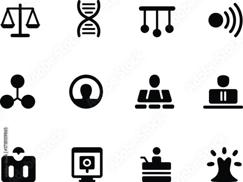 Collection of Diverse Black and White Icons Depicting Science Law Communication Technology and Interpersonal Relationships Represented in a Minimalist Style
