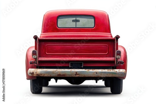 Vintage Red Pickup Truck Back in Classic Retro Style on White Background with Clipping Path