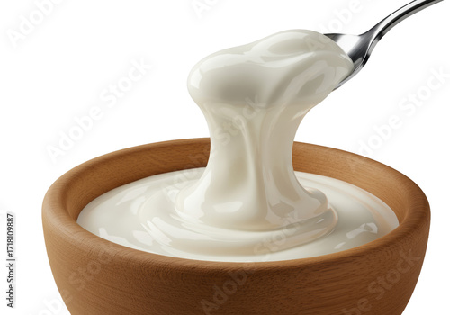 A silver spoon gently scoops thick, velvety white Greek yogurt with luminous highlights from a minimalist wooden bowl, isolated on a transparent background, ultra-detailed macro. Culinary indulgence