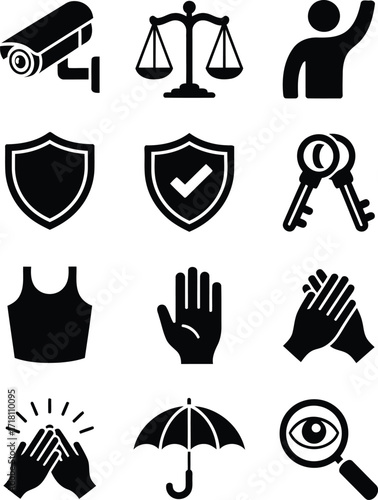 Collection of Black Silhouette Icons Depicting Safety, Security, Legal Matters, Human Gestures, and Privacy Investigation Symbolizing Protection and Observation and Awareness
