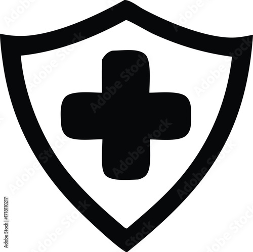 Black shield icon with medical cross symbol represents healthcare security safety and protection symbolizing vital health services and emergency care