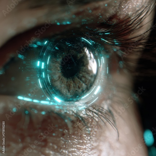 Futuristic Holographic Interface Overlay on Human Eye with Glowing Teal Accents