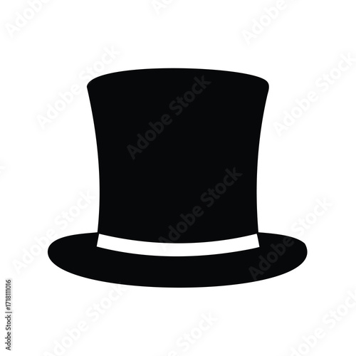 Classic Black Top Hat Vector Illustration with White Band, Elegant Magician or Formal Wear Accessory Icon Design Element