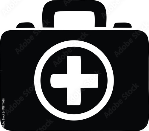 Iconic first aid kit symbol featuring a white cross within a circle on a solid black shape representing medical emergency preparedness and healthcare