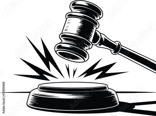 Gavel Strikes Down on Sound Block in Black and White Illustration Depicting Authority Justice and Legal Proceedings a Symbolic Representation