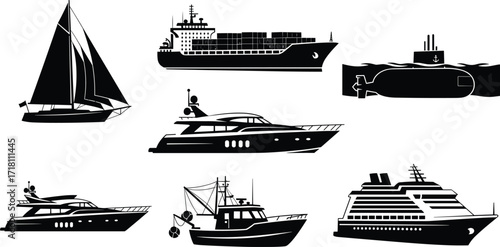 Black silhouette vector collection of various boats and ships including sailboat, cargo ship, yacht, fishing boat, submarine, and cruise ship.