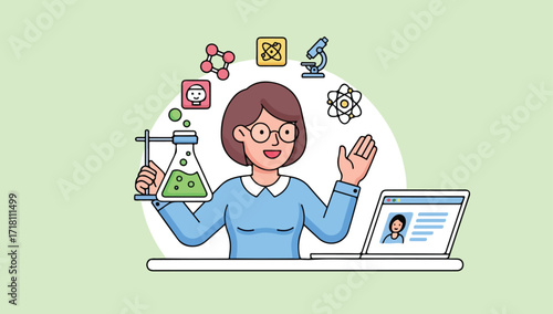 Smiling scientist juggling science icons, laptop, and lab equipment.