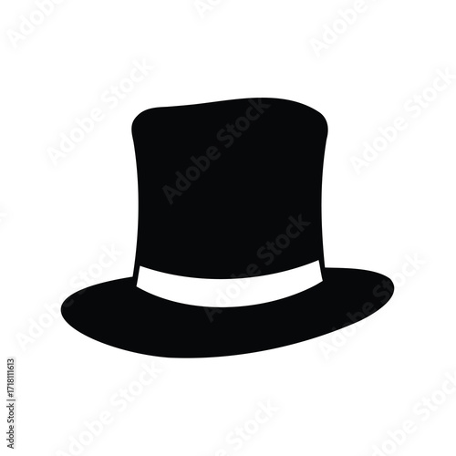 Classic Black Top Hat Vector Icon with White Band for Elegant Design, Magic Shows, Formal Events, and Vintage Fashion Concepts