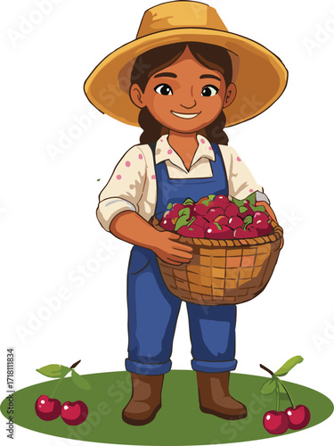 Farmer girl holding basket of cherries, harvest season, farming woman, fresh fruit, agriculture, rural life, organic produce, farm worker, cherry picking, countryside lifestyle