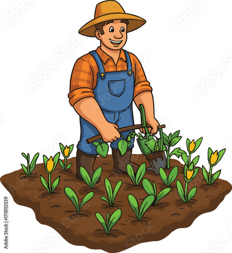 Farmer planting flowers in garden, gardening man, rural life, flower cultivation, agricultural work, outdoor activity, spring season, nature care, organic farming, plant care
