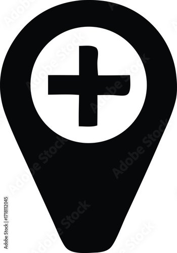 Medical location pin icon featuring a white cross inside a circle and black outer shape for health services