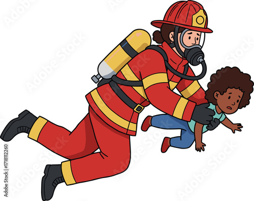Female firefighter rescuing child, emergency rescue, fire safety, hero in action, cartoon illustration, brave firefighter, saving life, fire department, emergency response, protection