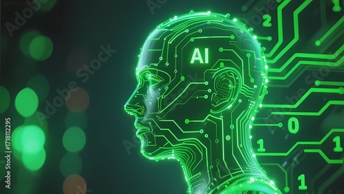 Digital human head with AI circuitry and binary code in green neon light