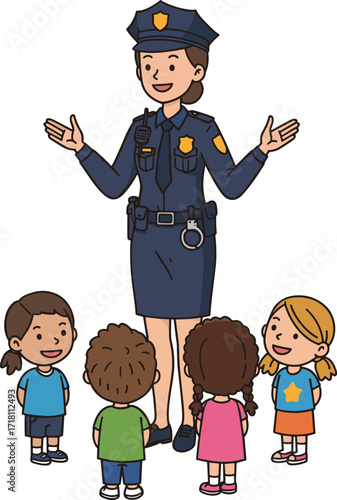 Female police officer teaching children, community safety education, kids learning about law enforcement, friendly cop, school outreach program