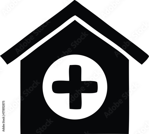 Simple black and white icon of a medical building or hospital with a cross symbol healthcare services and care concept
