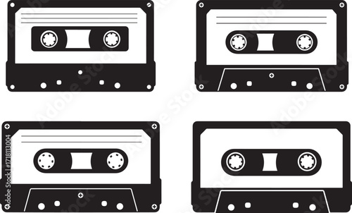 Four retro cassette tapes in a black and white silhouette style