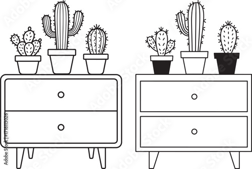 Two bedside tables with potted cactus plants in a simple line drawing silhouette