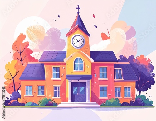 Artistic illustration of a school with a clock tower