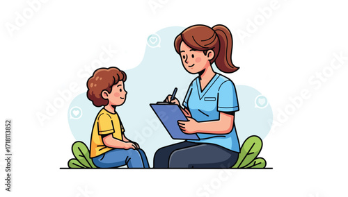 A woman in scrubs takes notes on a clipboard while interviewing a young boy sitting in front of her.