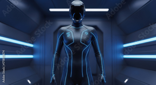 Futuristic Humanoid Figure in a Sleek Black Suit with Glowing Blue Accents A Glimpse into Tomorrow's Technology Advanced Apparel Design for the Modern Era