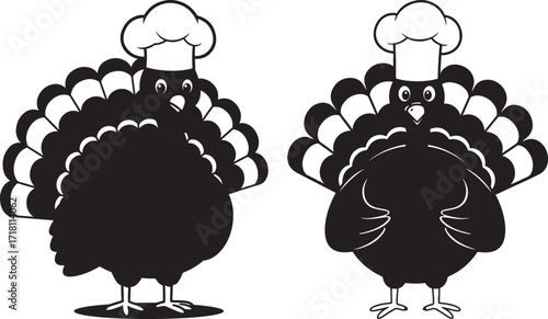 Two chef turkey silhouettes wearing chef hats for thanksgiving and cooking