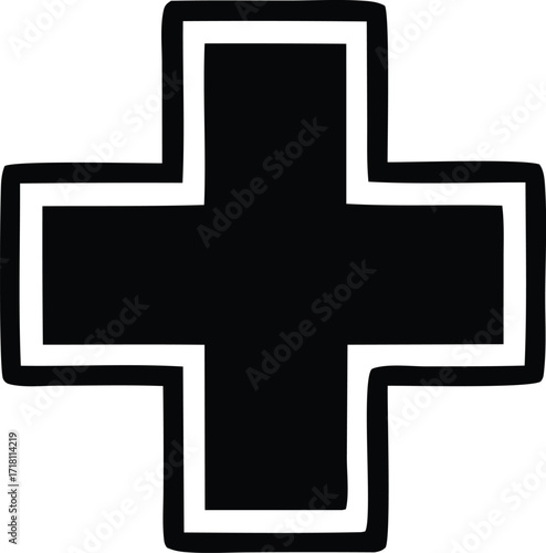 Bold black cross emblem with white outline simple geometric shape iconic symbol for design and decoration