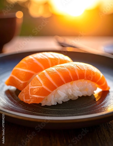 Two salmon nigiri on a dark plate, sunset backdrop