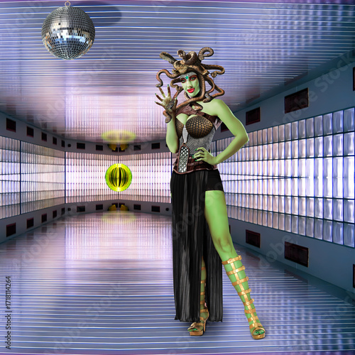 Medusa ready to dance. NOT AI Generated. Digital Painting and photo manipulation. Woman is imaginary. No model release needed.