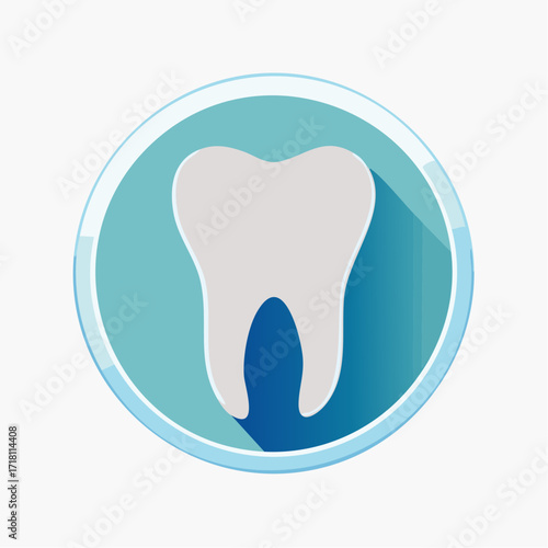 Stylized flat design icon of a white molar tooth with a long shadow, set against a circular blue background.