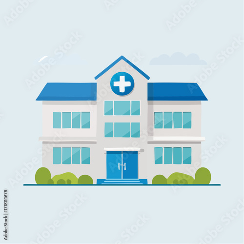 Illustration of a modern hospital building with a blue cross symbol, windows, and doors.