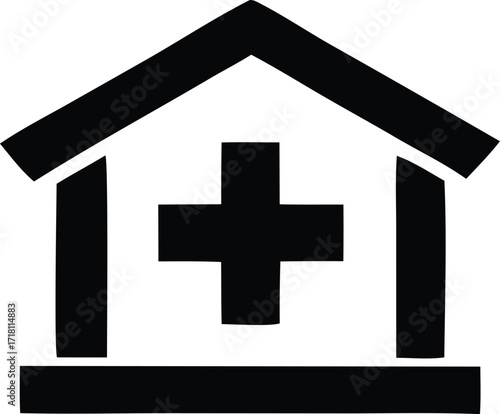 Simple silhouette icon of a medical building with a cross inside for healthcare and hospital services