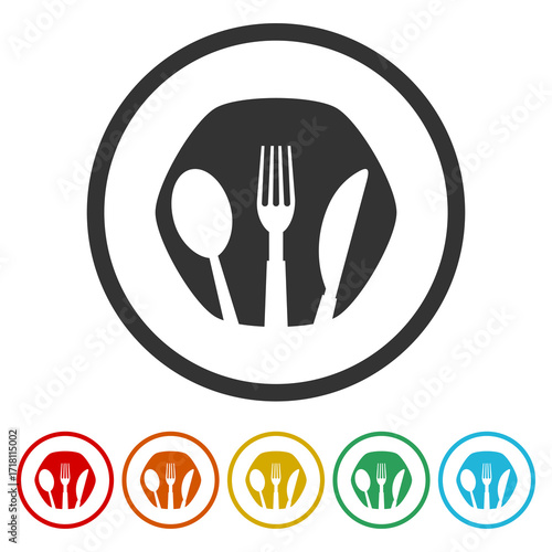 Fork, knife, plate and spoon icon. Set icons in color circle buttons