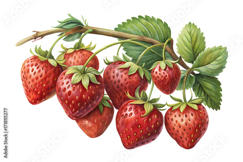 Watercolor painting of a branch with several ripe strawberries and green leaves