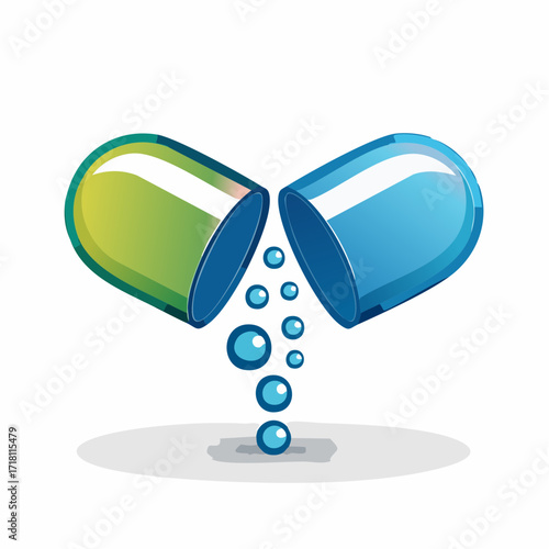An open two-part capsule, one side green and the other blue, releasing blue liquid drops or bubbles.