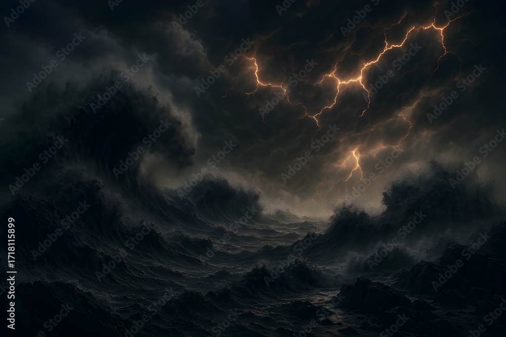 Fototapeta premium Surreal Ash Ocean with Glowing Molten Constellation Sky