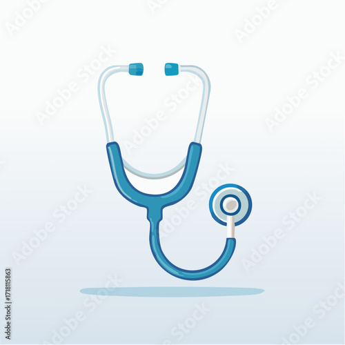 A detailed illustration of a blue and white medical stethoscope, a diagnostic instrument used in healthcare, on a light background.