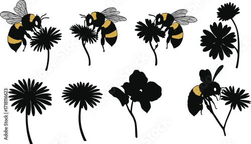 "Cartoon Bee and Flower Icons Featuring Nectar Collection, Silhouettes, Petal Details, Pollination Theme, Nature Interaction, and Insect Behavior