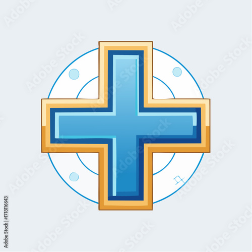 A vibrant blue cross with a golden border, centered on a light blue circular background featuring abstract digital elements.