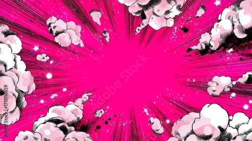 Vibrant pink explosion with dynamic streaks and white dots, black and white stylized clouds and smoke, comic book style,