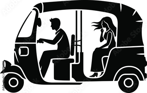 Minimalist vector illustration of an urban transport scene featuring an auto-rickshaw in side profile with three wheels, modern street icon