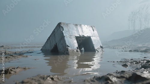 A metal structure is seen half-submerged in muddy water at an abandoned industrial area. The fog creates a mysterious ambiance, enhancing the desolate atmosphere