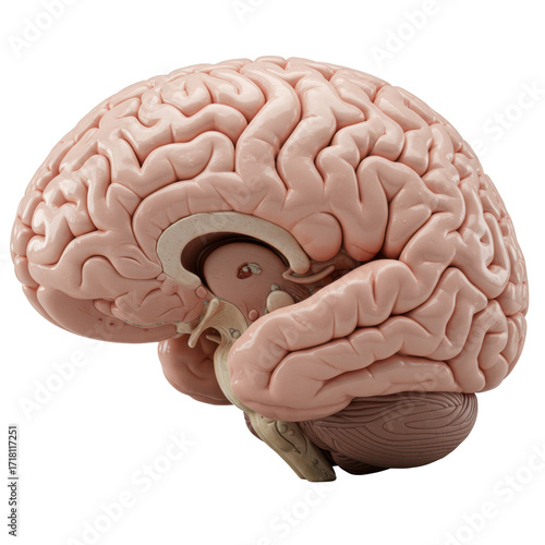 Meticulously sectioned human brain, intricate internal architecture, pearlescent grey/white matter, hyper-realistic pink folds, raking studio light, profound micro-shadows, concept of scientific