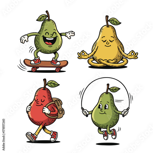 A collection of four cartoon pear characters enjoying various activities like skateboarding meditating hiking and jumping rope.