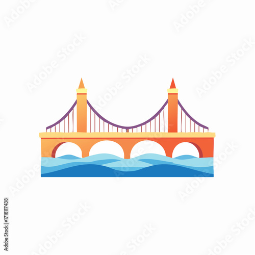 A colorful illustration of a suspension bridge with arches over blue water.