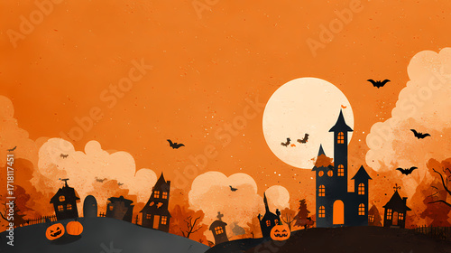 Spooky Halloween Night with a Haunted Castle, Pumpkins, and Bats under a Full Moon