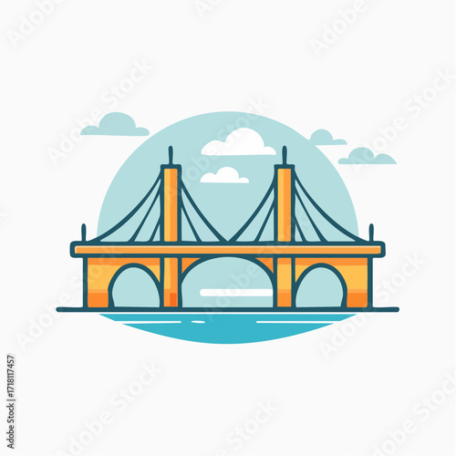 A minimalist vector illustration of a golden cable-stayed bridge spanning over blue water with clouds in the sky.