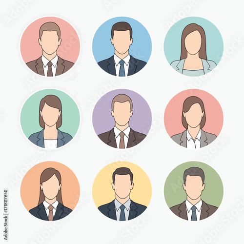 A collection of nine flat design business people avatar icons in colorful circles.